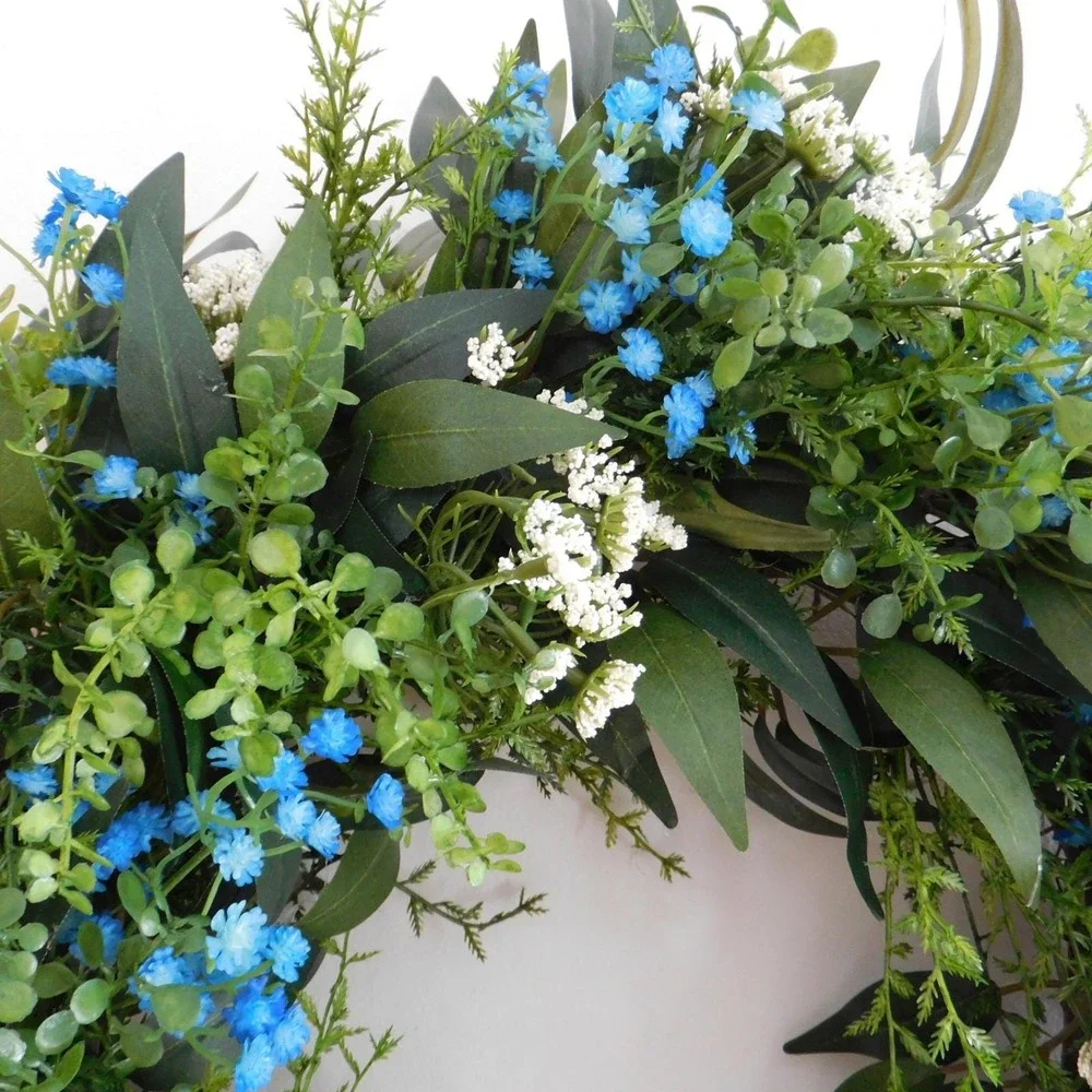 Artificial Year Round Greenery Wreath Blue‎ and White Flowers Housewarming Gift